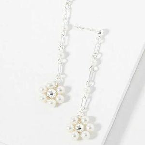 Long Chain Silvery White Gold Tone Pearl Drops Earrings